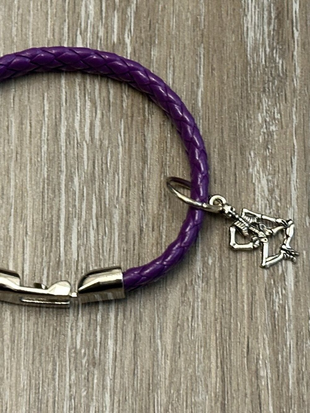 Purple Faux Leather Braided Bracelet w Removable Skeleton Charm for Halloween